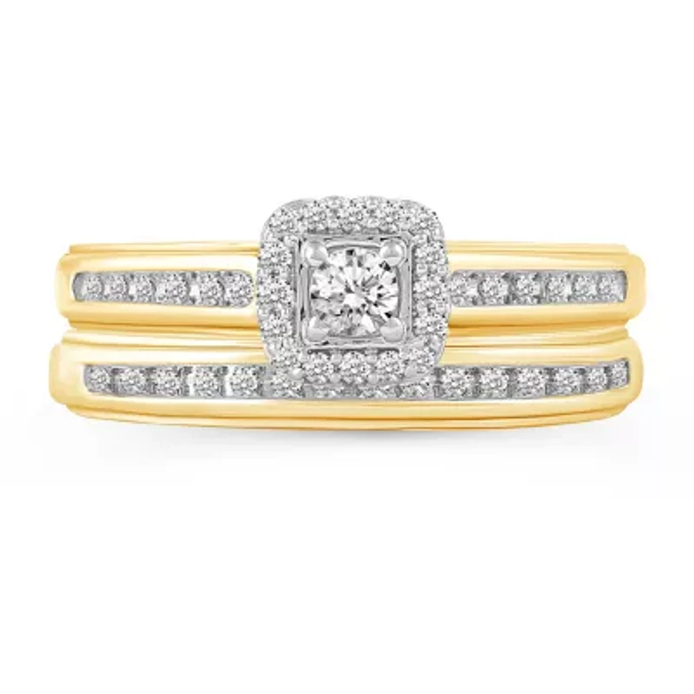 Womens 1/3 CT. T.W. Natural Diamond 10K Gold Side Stone Halo Bridal Set