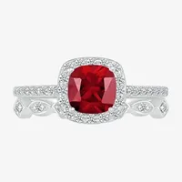 Modern Bride Gemstone Womens Lab Created Red Ruby 14K White Gold Cushion Bridal Set