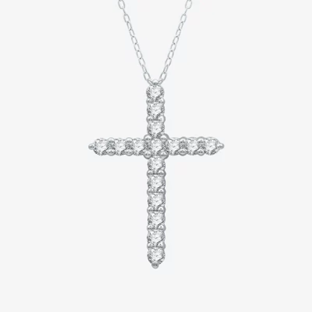 Yes Womens Lab Created White Sapphire Sterling Silver Cross 18 Inch Pendant Necklace