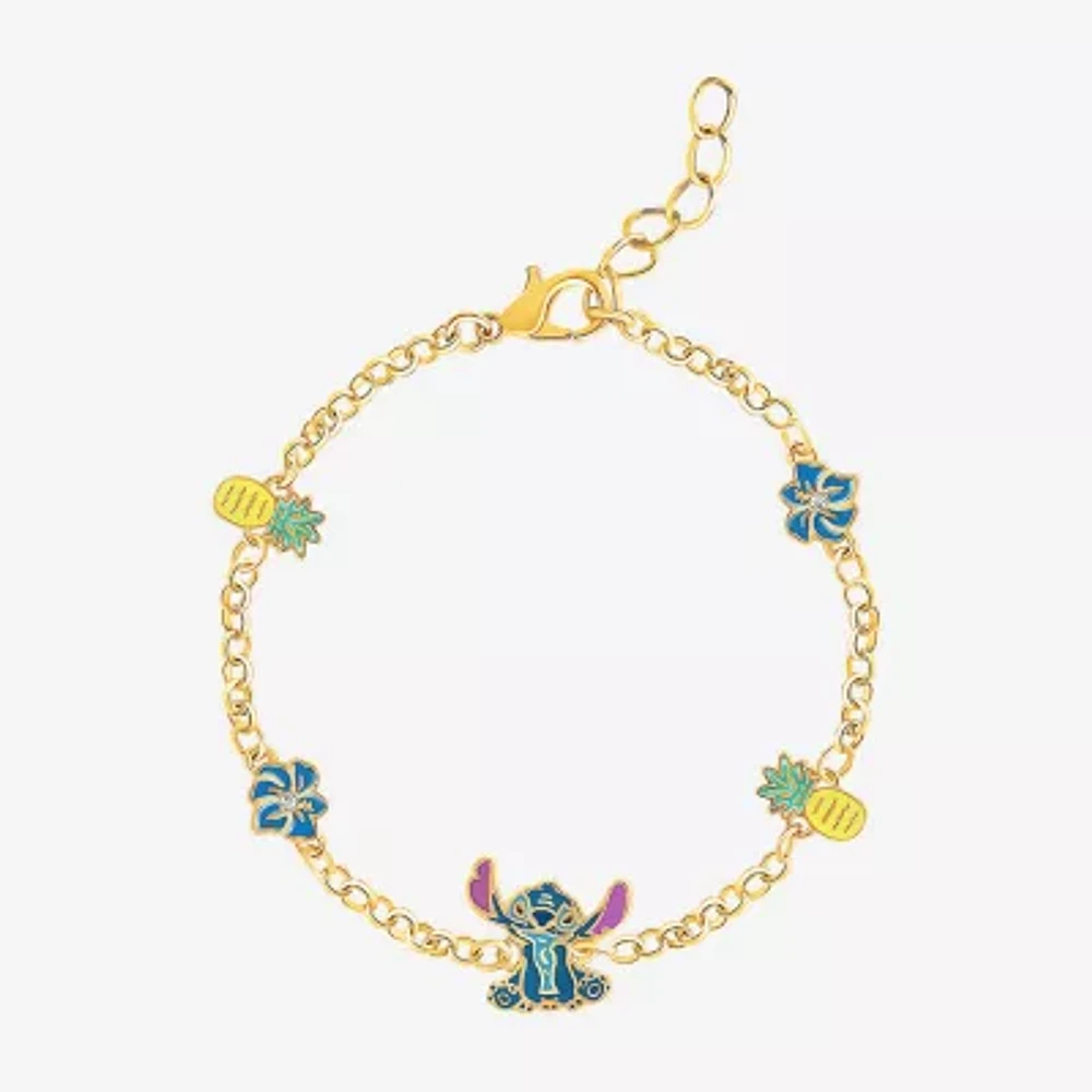 Disney Classics Womens Crystal 18K Gold Over Brass Flower Lilo & Stitch Charm Bracelet