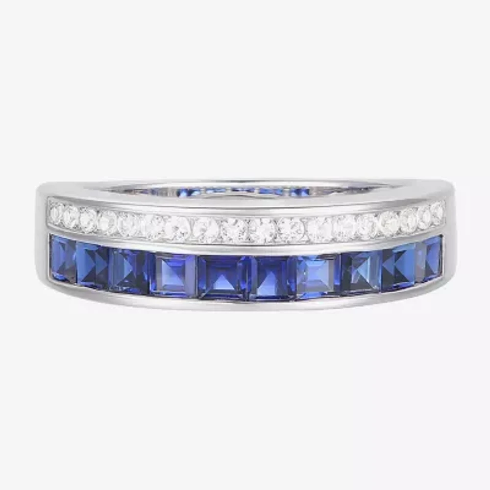Womens Lab Created Blue Sapphire Sterling Silver Side Stone Band