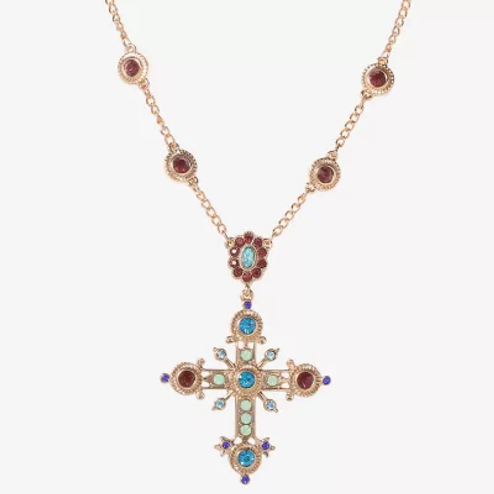 JS Jessica Simpson Gold Tone Womens Multi Color Crystal Alloy Cross 16 Inch Pendant Necklace