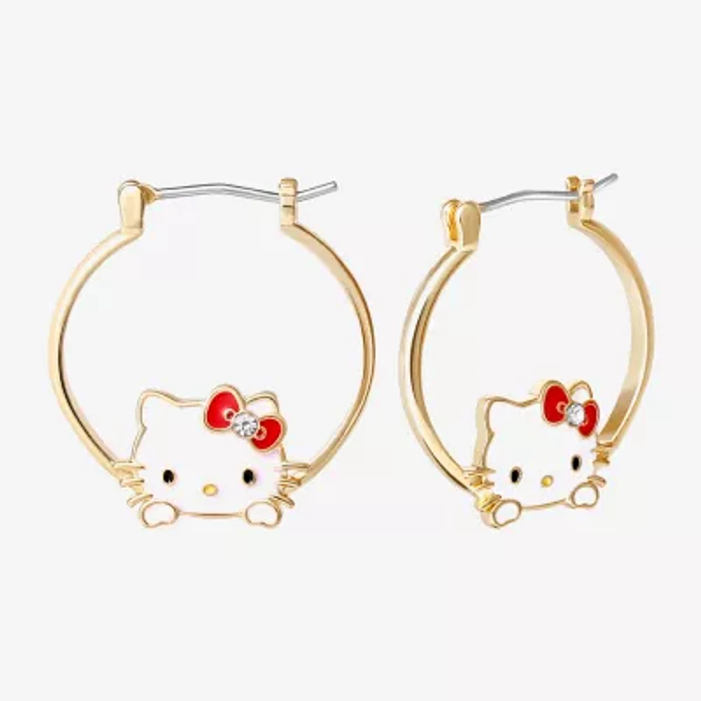 Womens Crystal 18K Gold Over Brass 25.4mm Bow Hello Kitty Hoop Earrings