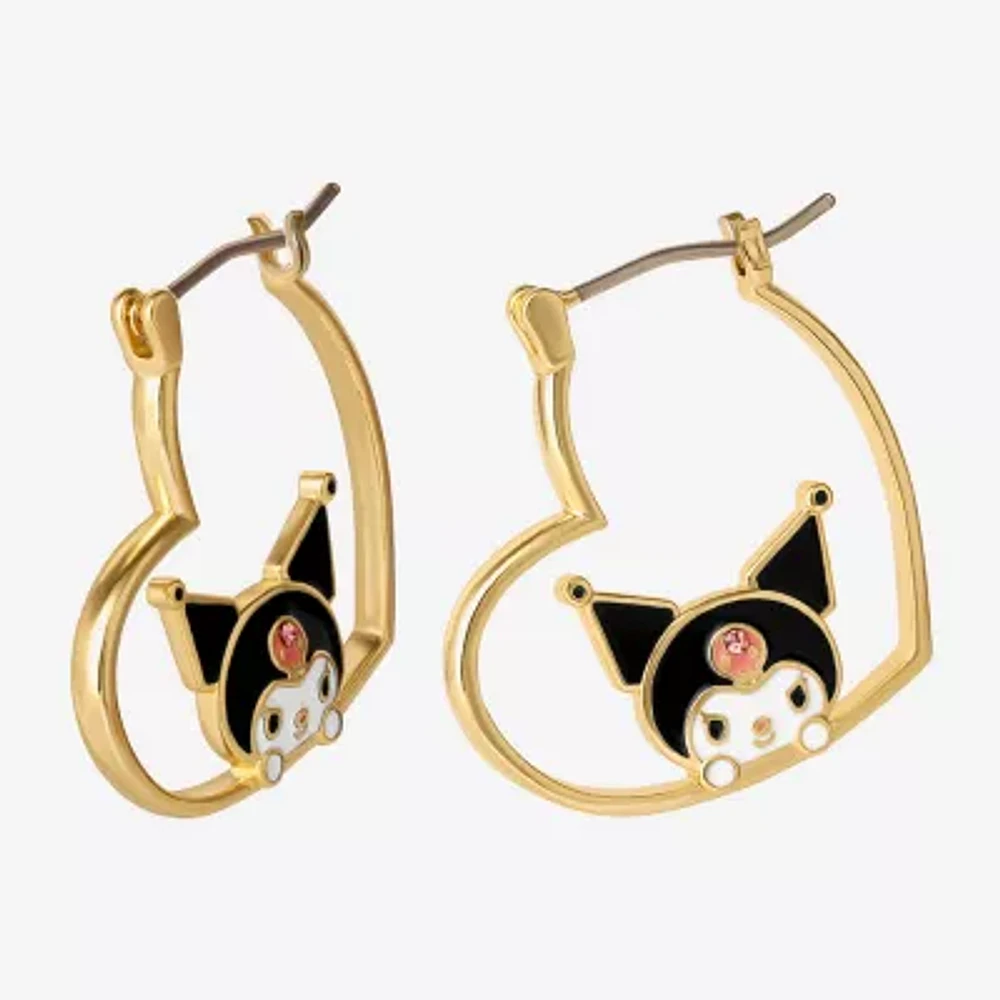 Womens Crystal 18K Gold Over Brass 26mm Heart Hello Kitty Kuromi Hoop Earrings