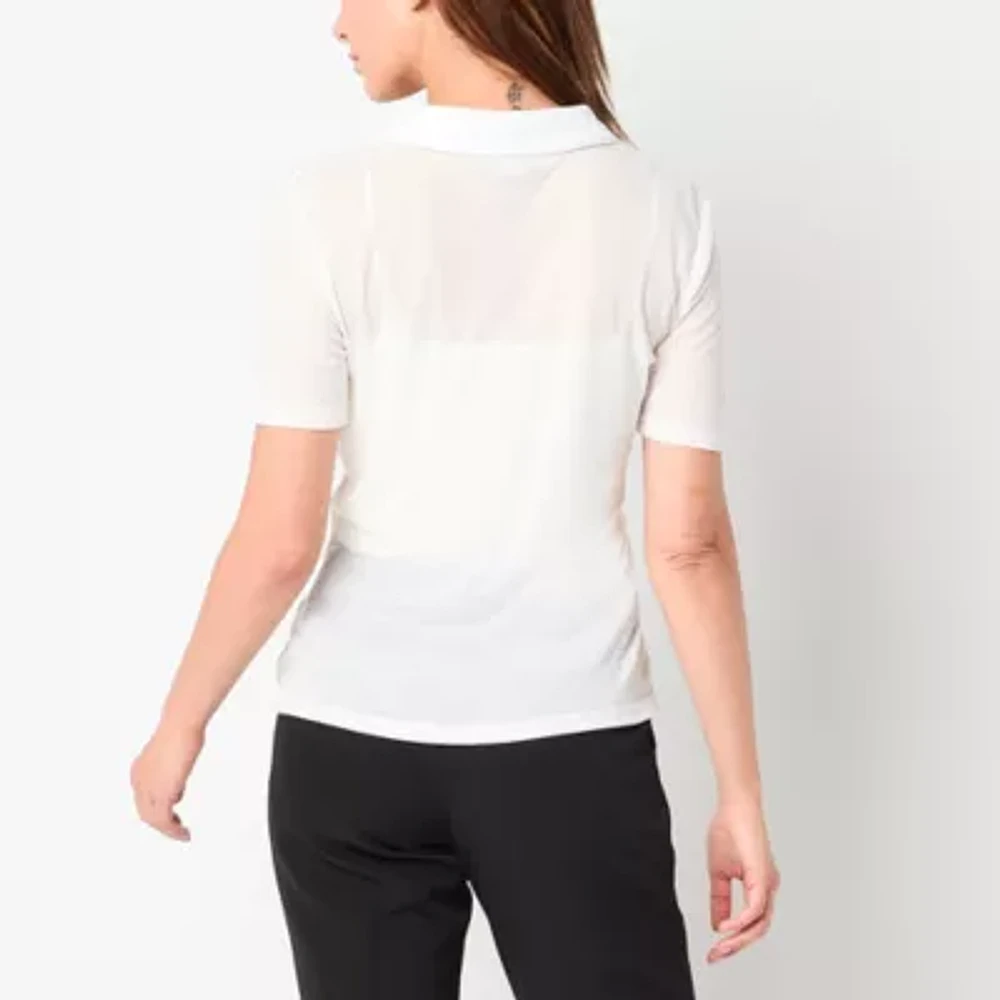 Worthington Womens Y Neck Short Sleeve Rib Polo Shirt