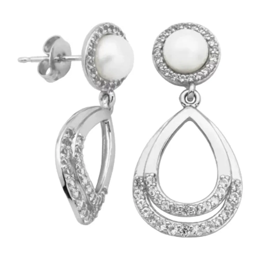Lab Created White Cultured Freshwater Pearl Sterling Silver Drop Earrings