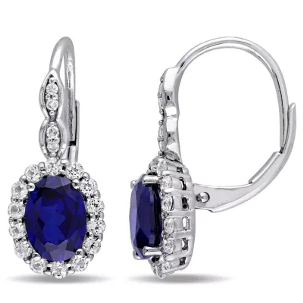 Womens Diamond Accent Lab Created Blue Sapphire 14K Gold Oval Drop Earrings