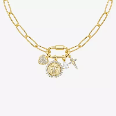 Sparkle Allure Carabiner Charm Womens White Cubic Zirconia 14K Gold Over Brass Cross Heart Paperclip 18 Inch Pendant Necklace