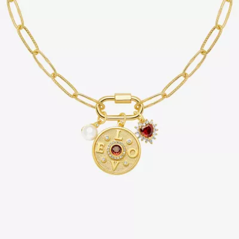 Sparkle Allure Love Carabiner Charm Womens Red Cubic Zirconia 14K Gold Over Brass Heart Paperclip 18 Inch Pendant Necklace