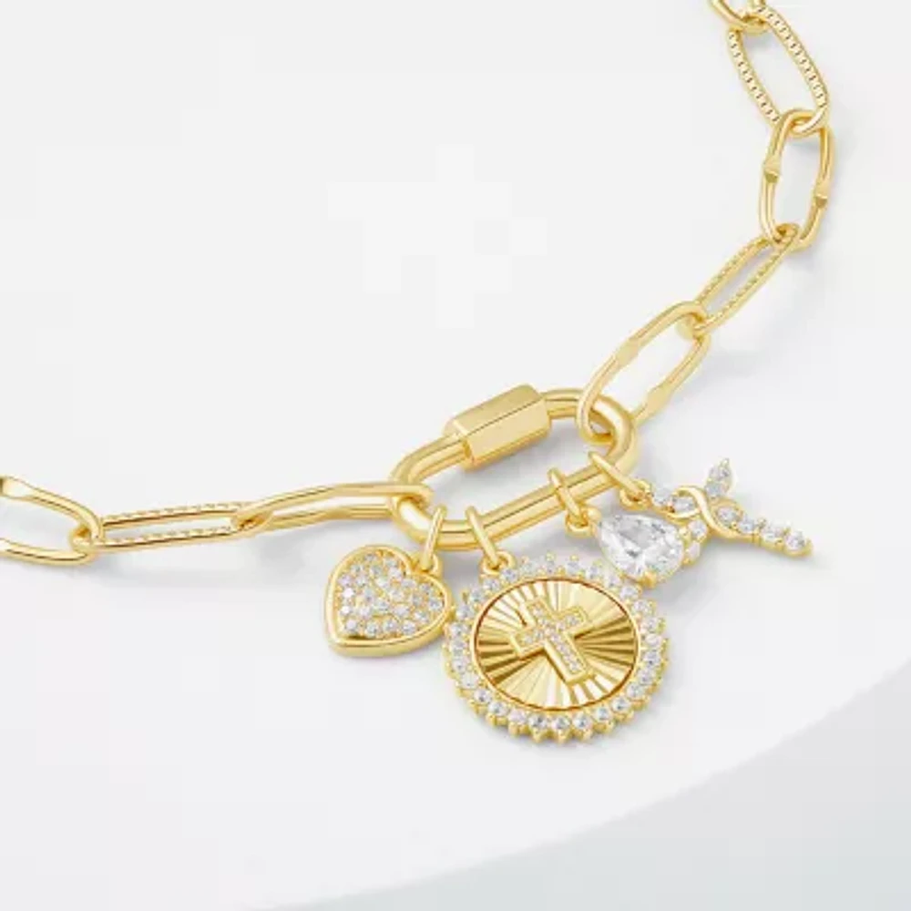 Sparkle Allure Carabiner Womens White Cubic Zirconia 14K Gold Over Brass Cross Heart Charm Bracelet