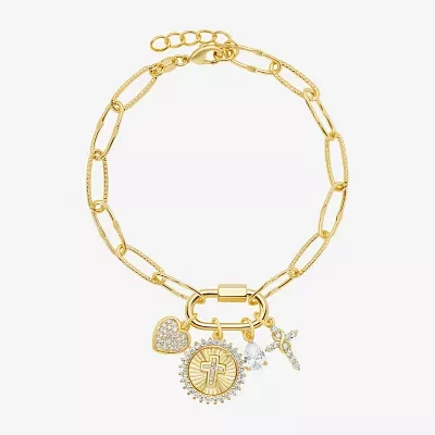 Sparkle Allure Carabiner Womens White Cubic Zirconia 14K Gold Over Brass Cross Heart Charm Bracelet