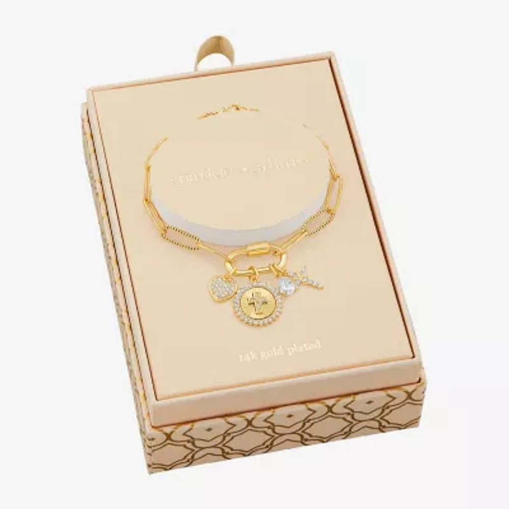 Sparkle Allure Carabiner Womens White Cubic Zirconia 14K Gold Over Brass Cross Heart Charm Bracelet