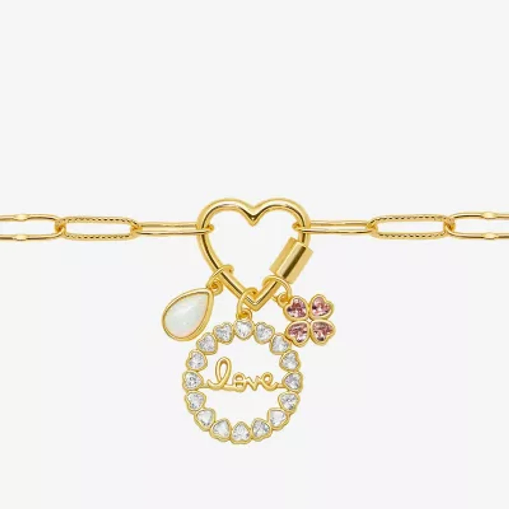 Sparkle Allure Love Carabiner Womens Pink Cubic Zirconia 14K Gold Over Brass Flower Charm Bracelet