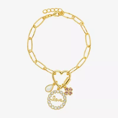 Sparkle Allure Love Carabiner Womens Pink Cubic Zirconia 14K Gold Over Brass Flower Charm Bracelet