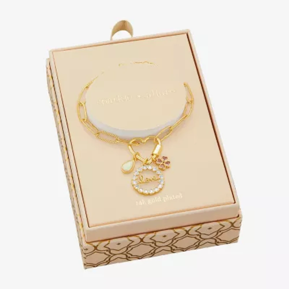 Sparkle Allure Love Carabiner Womens Pink Cubic Zirconia 14K Gold Over Brass Flower Charm Bracelet