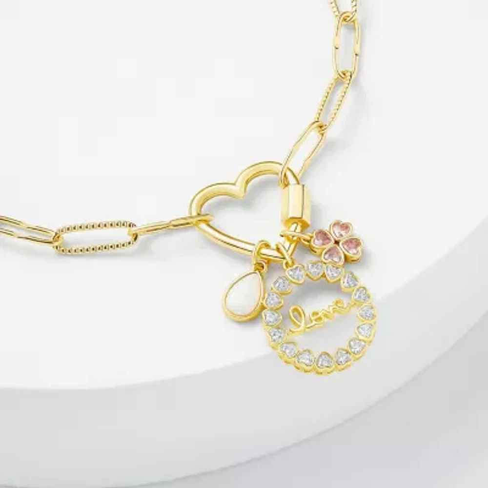 Sparkle Allure Love Carabiner Womens Pink Cubic Zirconia 14K Gold Over Brass Flower Charm Bracelet
