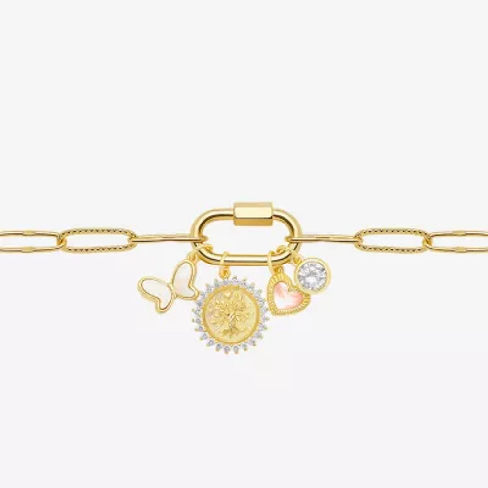 Sparkle Allure Family Carabiner Womens White Cubic Zirconia 14K Gold Over Brass Butterfly Charm Bracelet