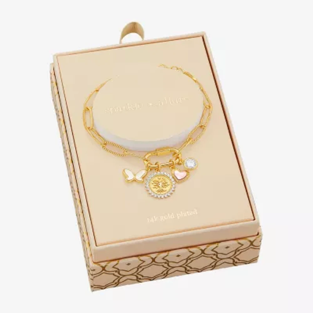 Sparkle Allure Family Carabiner Womens White Cubic Zirconia 14K Gold Over Brass Butterfly Charm Bracelet