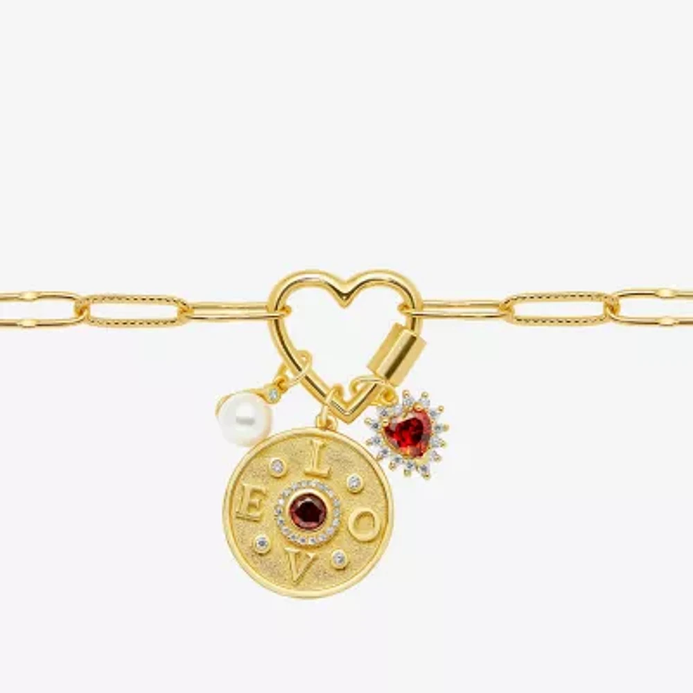 Sparkle Allure Love Carabiner Womens Red Cubic Zirconia 14K Gold Over Brass Heart Charm Bracelet