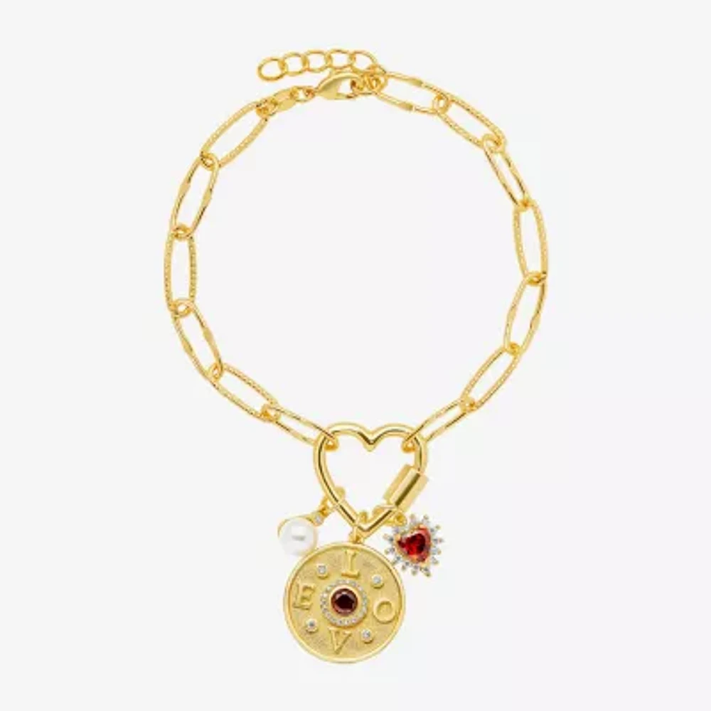 Sparkle Allure Love Carabiner Womens Red Cubic Zirconia 14K Gold Over Brass Heart Charm Bracelet