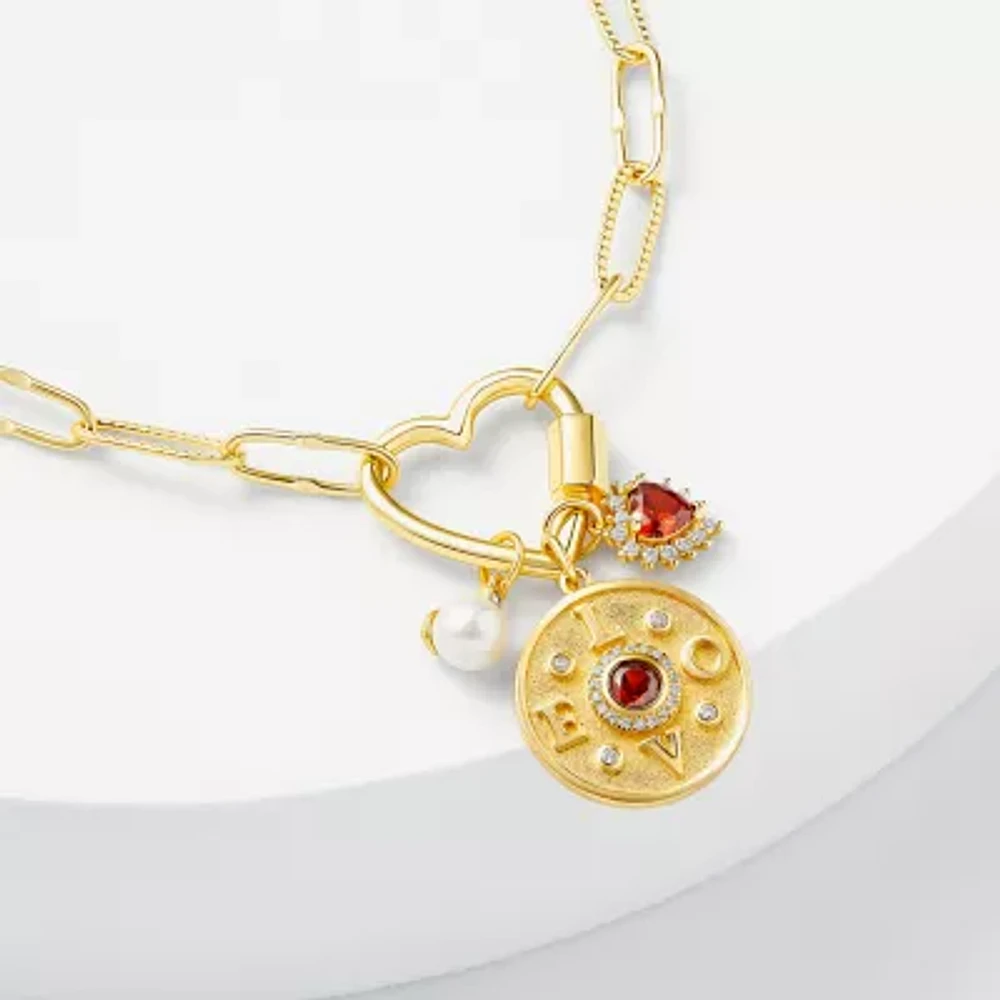 Sparkle Allure Love Carabiner Womens Red Cubic Zirconia 14K Gold Over Brass Heart Charm Bracelet