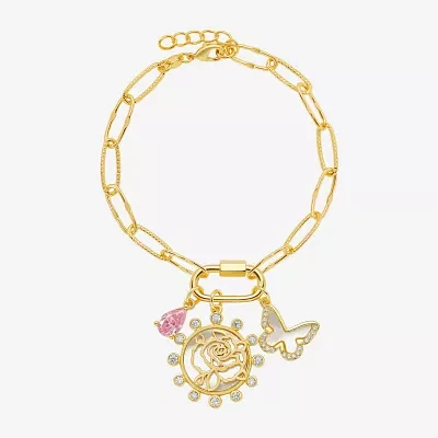 Sparkle Allure Carabiner Womens Purple Cubic Zirconia 14K Gold Over Brass Butterfly Flower Charm Bracelet