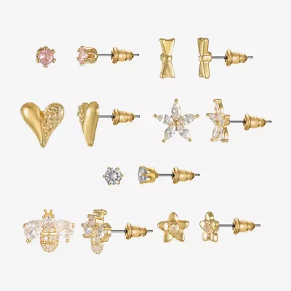 Sparkle Allure Days Of The Week Bee Womens Cubic Zirconia 14K Gold Over Brass Bow Flower 7 Pair Earring Set