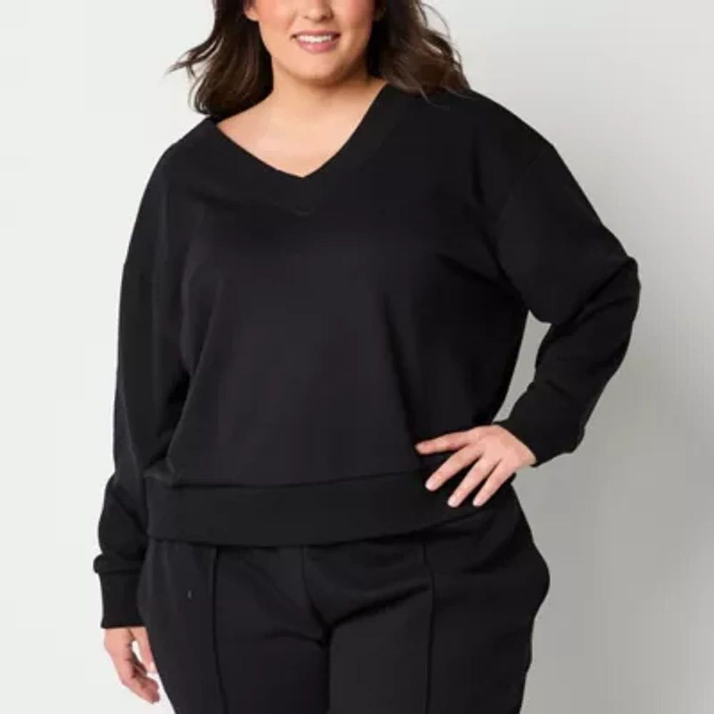 Xersion Womens Plus Classic French Terry V Neck Long Sleeve Sweatshirt