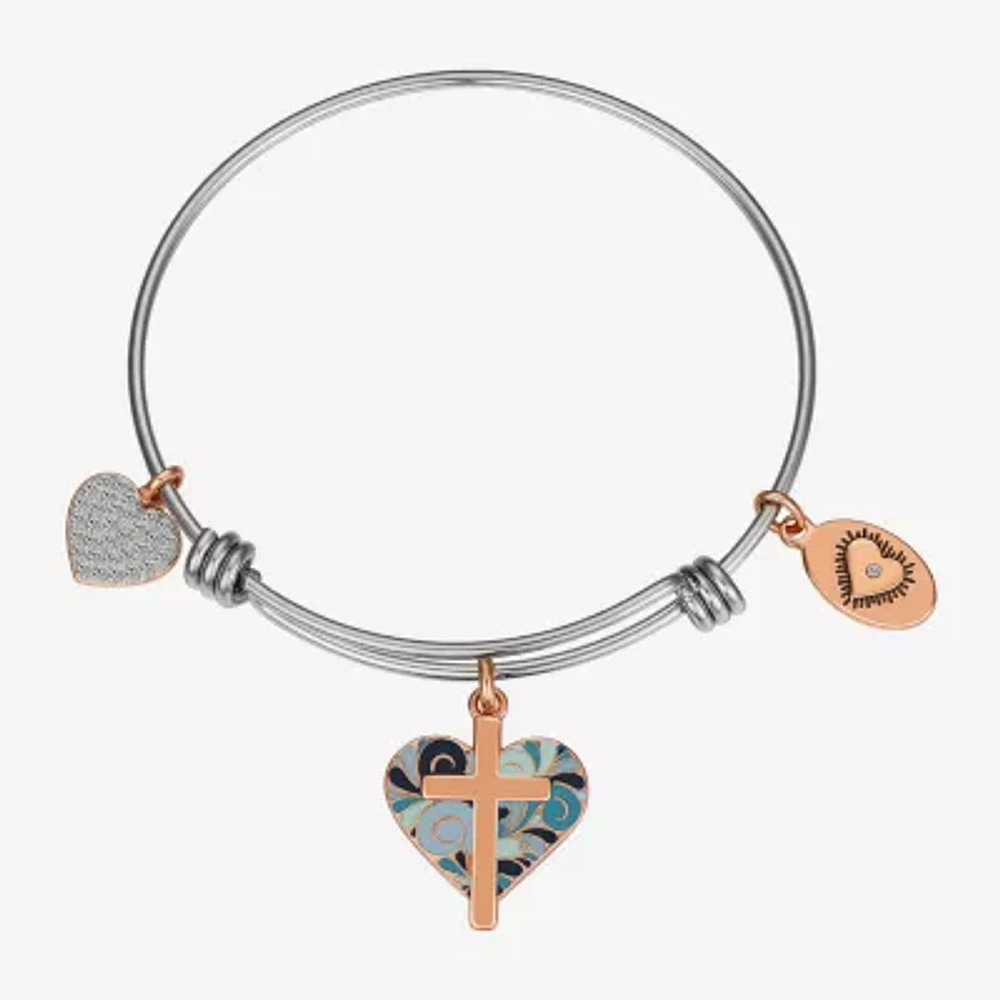 Footnotes Faith Womens Cubic Zirconia Stainless Steel Cross Heart Bangle Bracelet