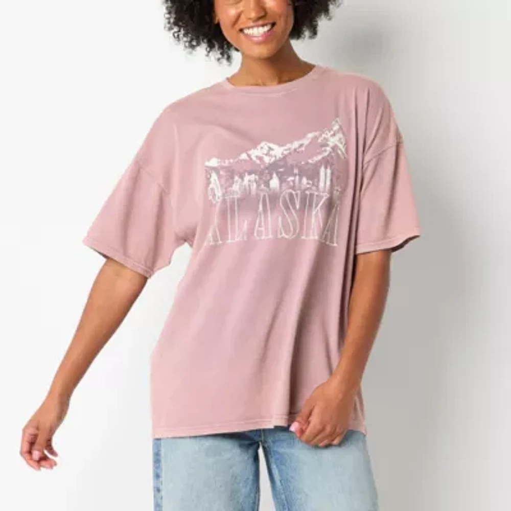 Arizona Womens Crew Neck Short Sleeve Oversized Juniors Graphic T-Shirt
