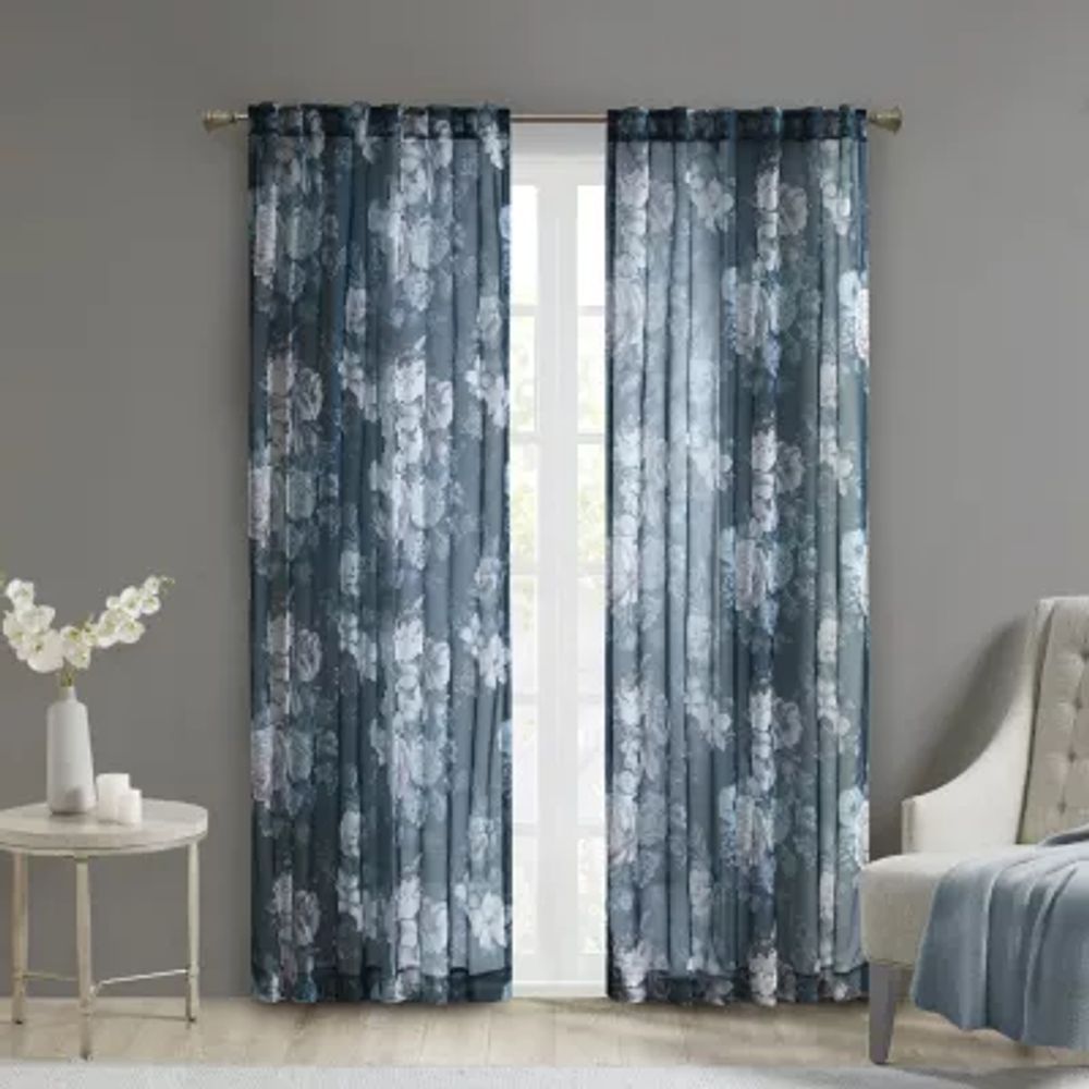 Madison Park Abelia Printed Floral Voile Rod Pocket Back Tab Sheer Single Curtain Panel