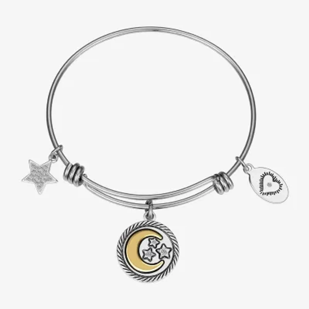 Footnotes Womens Crystal Stainless Steel Moon Round Star Bangle Bracelet