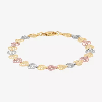 Womens 14K Tri-Color Gold Solid Heart 7.5 Inch Link Bracelet