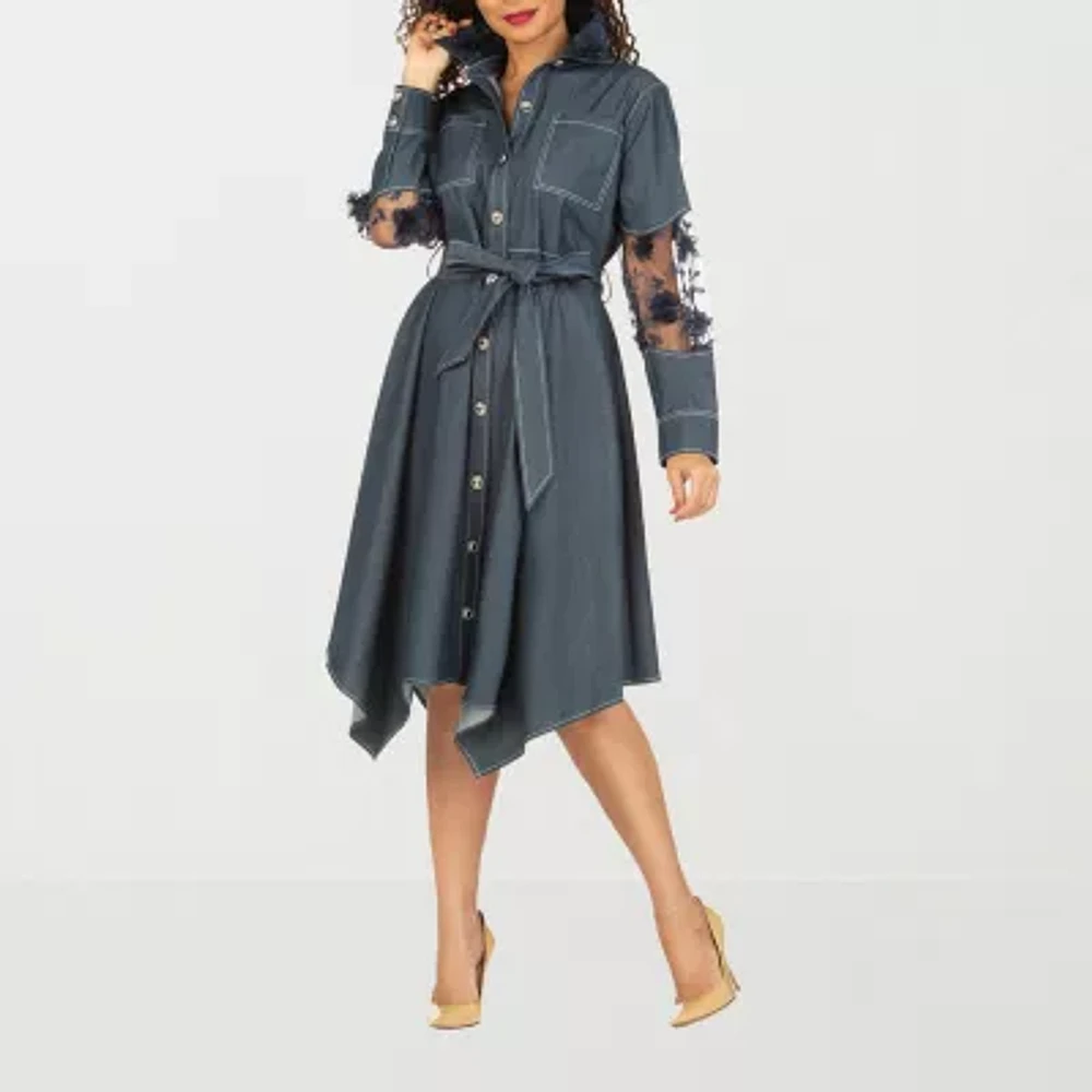 Giovanna Signature Womens Belted Long Sleeve Plus Shirt Dress