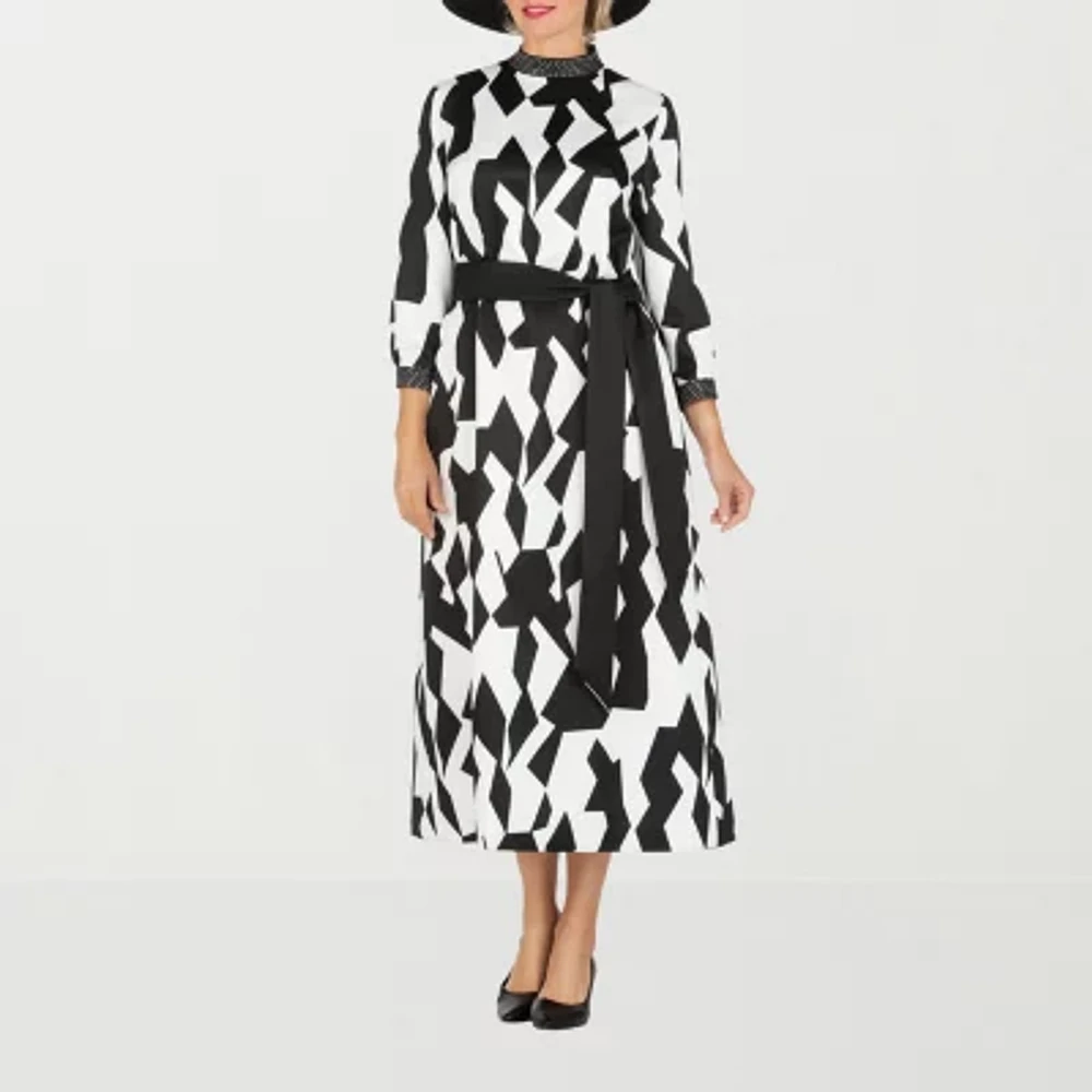 Giovanna Signature Womens 3/4 Sleeve Midi Geometric Plus A-Line Dress