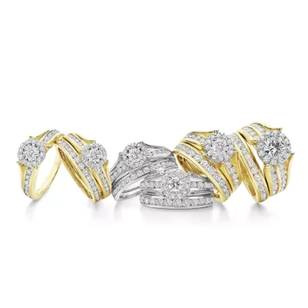 (G / Si1-Si2) Womens 3 CT. T.W. Lab Grown White Diamond 10K Gold Round Side Stone Halo Bridal Set