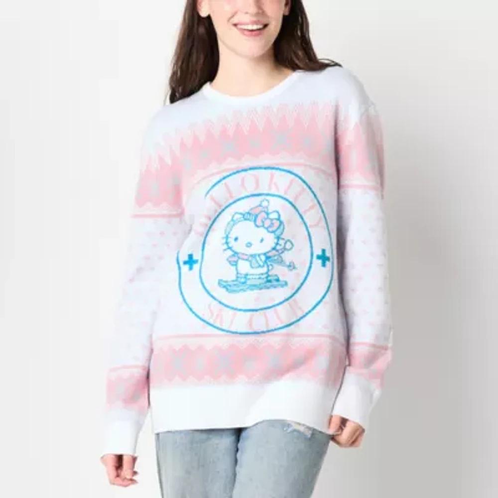 Juniors Hello Kitty Snow Angel Intarsia Crew Sweater Womens Crew Neck Long Sleeve Hello Kitty Pullover Sweater