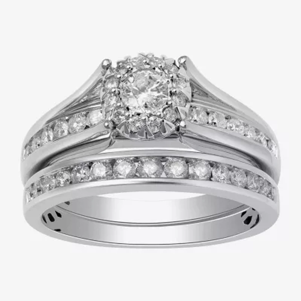 Womens 1 CT. T.W. Natural White Diamond 14K Gold Round Side Stone Halo Bridal Set