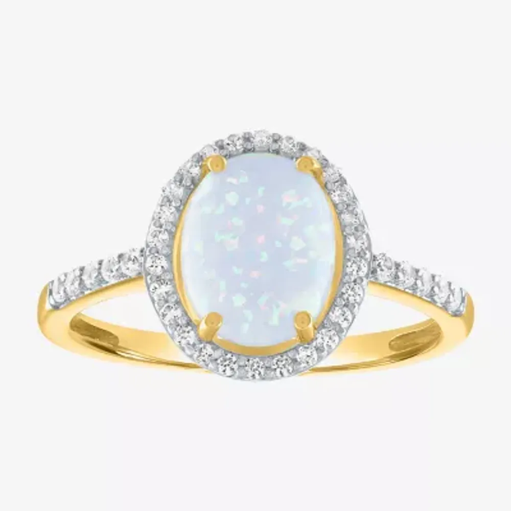 Womens Lab Created White Opal 10K Gold Cocktail Ring