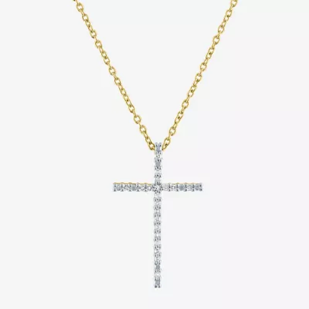 1/10 CT. T.W. Diamond Sterling Silver or 14K Gold Over Cross Pendant Necklace