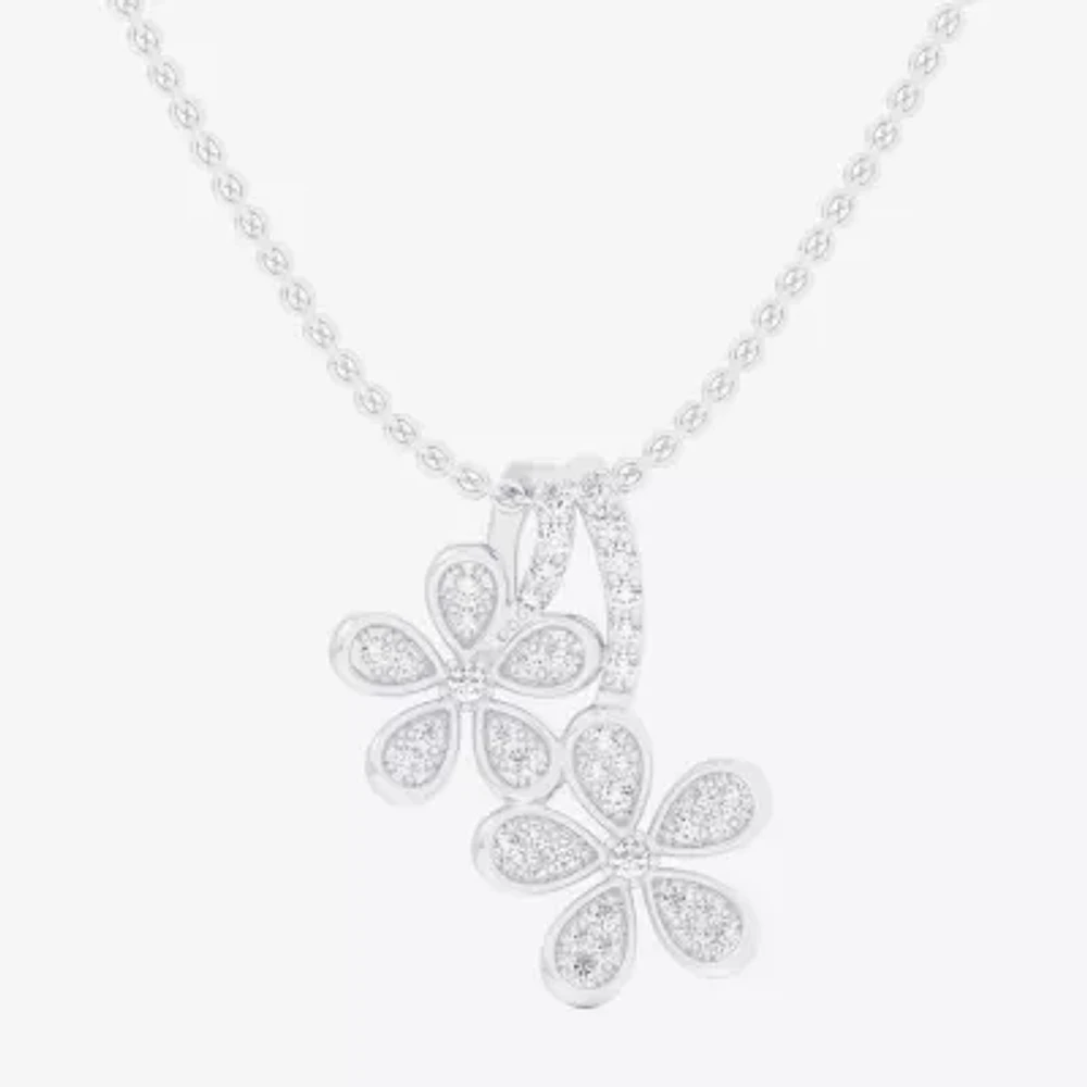 (G-H / Si1-Si2) Womens 1/4 CT. T.W. Lab Grown White Diamond 10K White Gold Flower 18 Inch Pendant Necklace