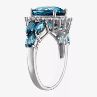 Womens Genuine Blue Topaz Sterling Silver Oval Halo Cocktail Ring