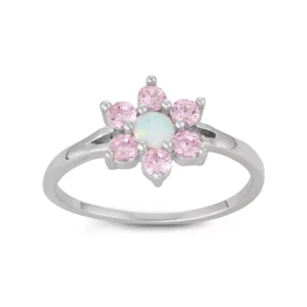 Girls White Opal Sterling Silver Flower Delicate Cocktail Ring