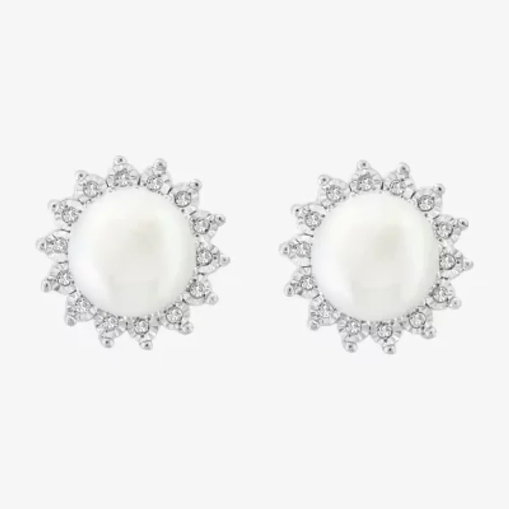 Effy 1/10 CT. T.W.Diamond & White Cultured Freshwater Pearl Sterling Silver 8.1mm Stud Earrings