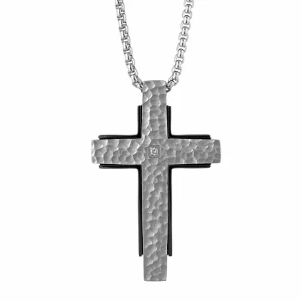 Mens White Diamond Stainless Steel Cross 24 Inch Pendant Necklace