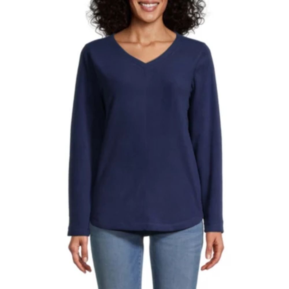 St. John's Bay Polar Fleece Womens V Neck Long Sleeve Sweatshirt