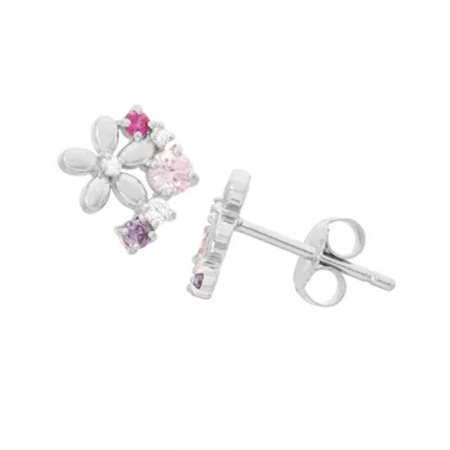 Multi Color Cubic Zirconia Sterling Silver 8.4mm Flower Stud Earrings