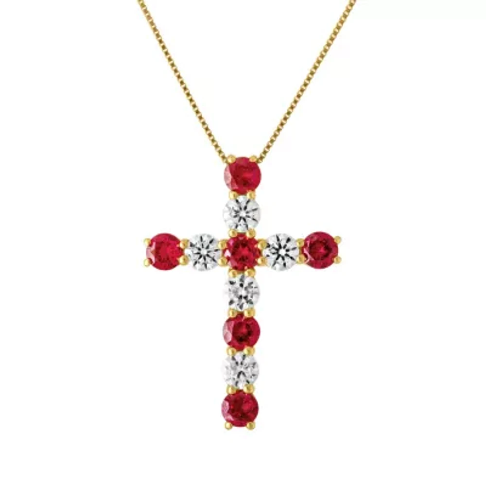 Womens Lab Created Red Ruby 10K Gold Cross 18 Inch Pendant Necklace