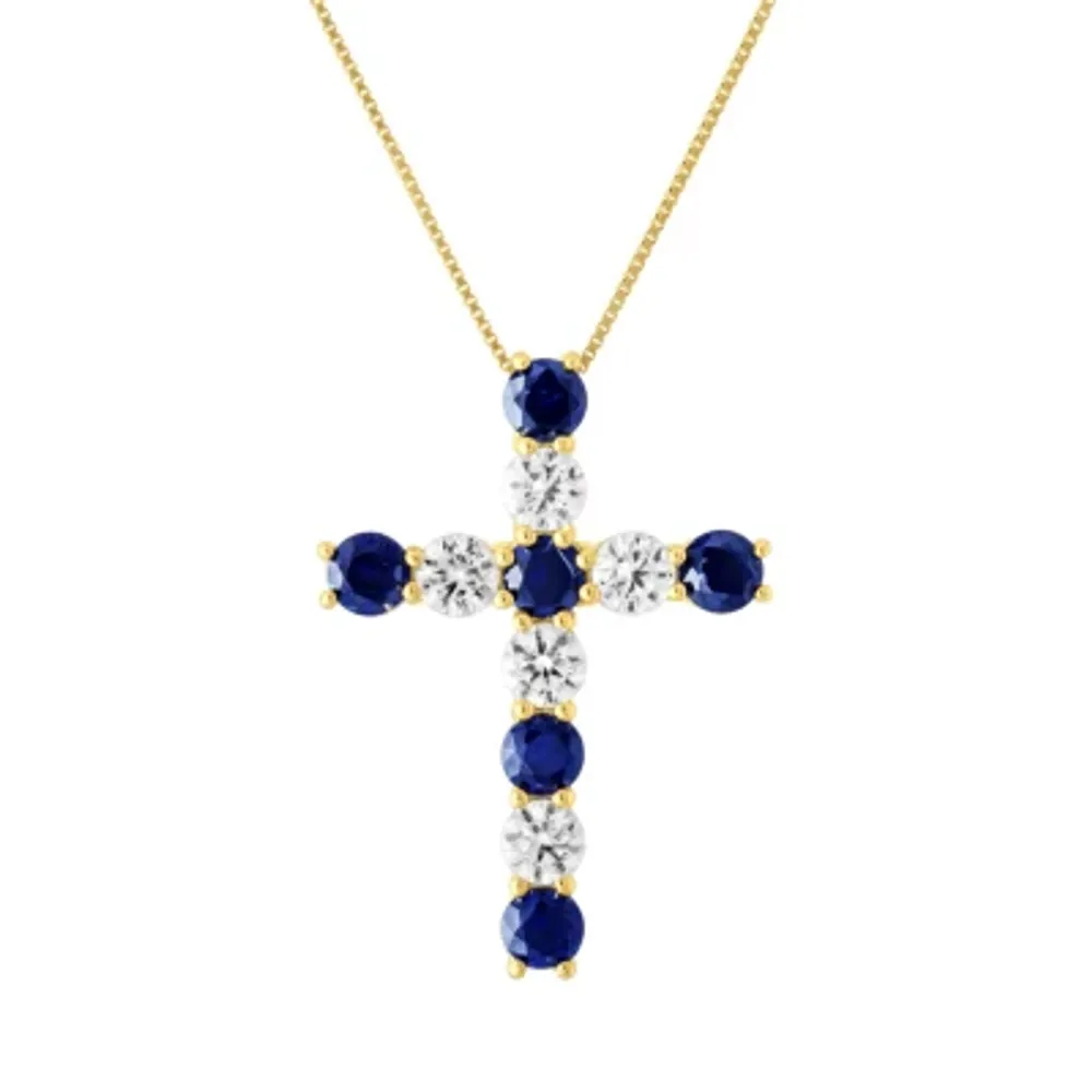 Womens Lab Created Blue Sapphire 10K Gold Cross 18 Inch Pendant Necklace