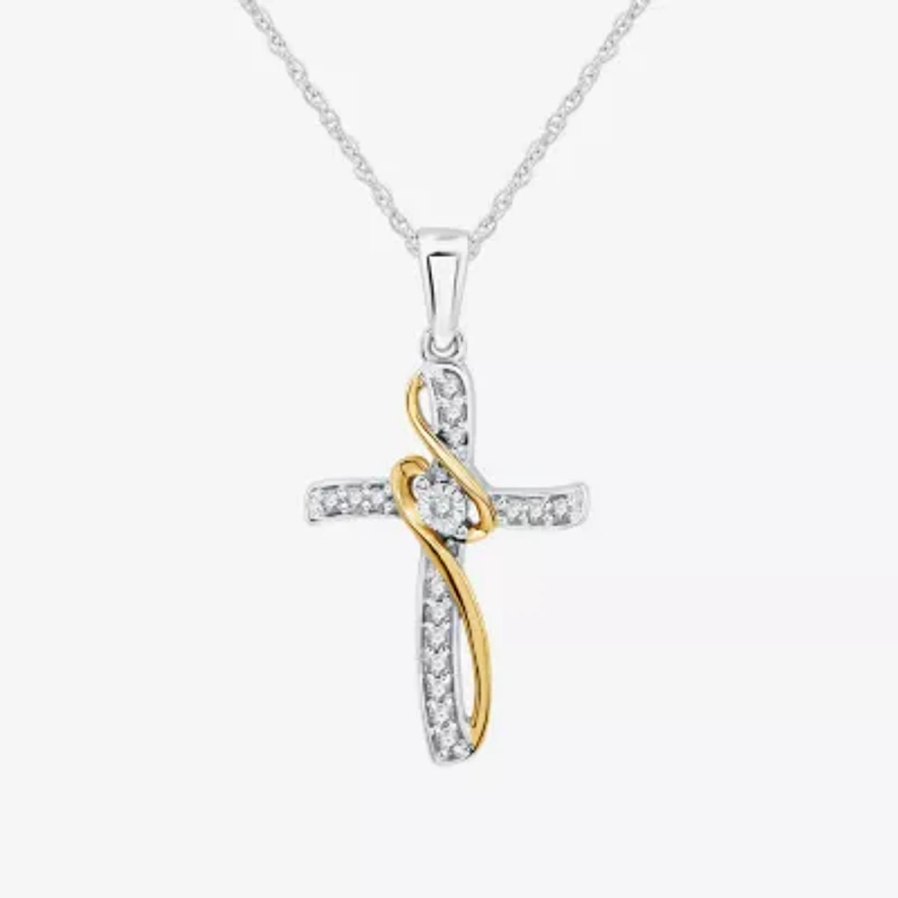 Womens 1/10 CT. T.W. Lab Grown White Diamond 10K Two Tone Gold Cross 18 Inch Pendant Necklace